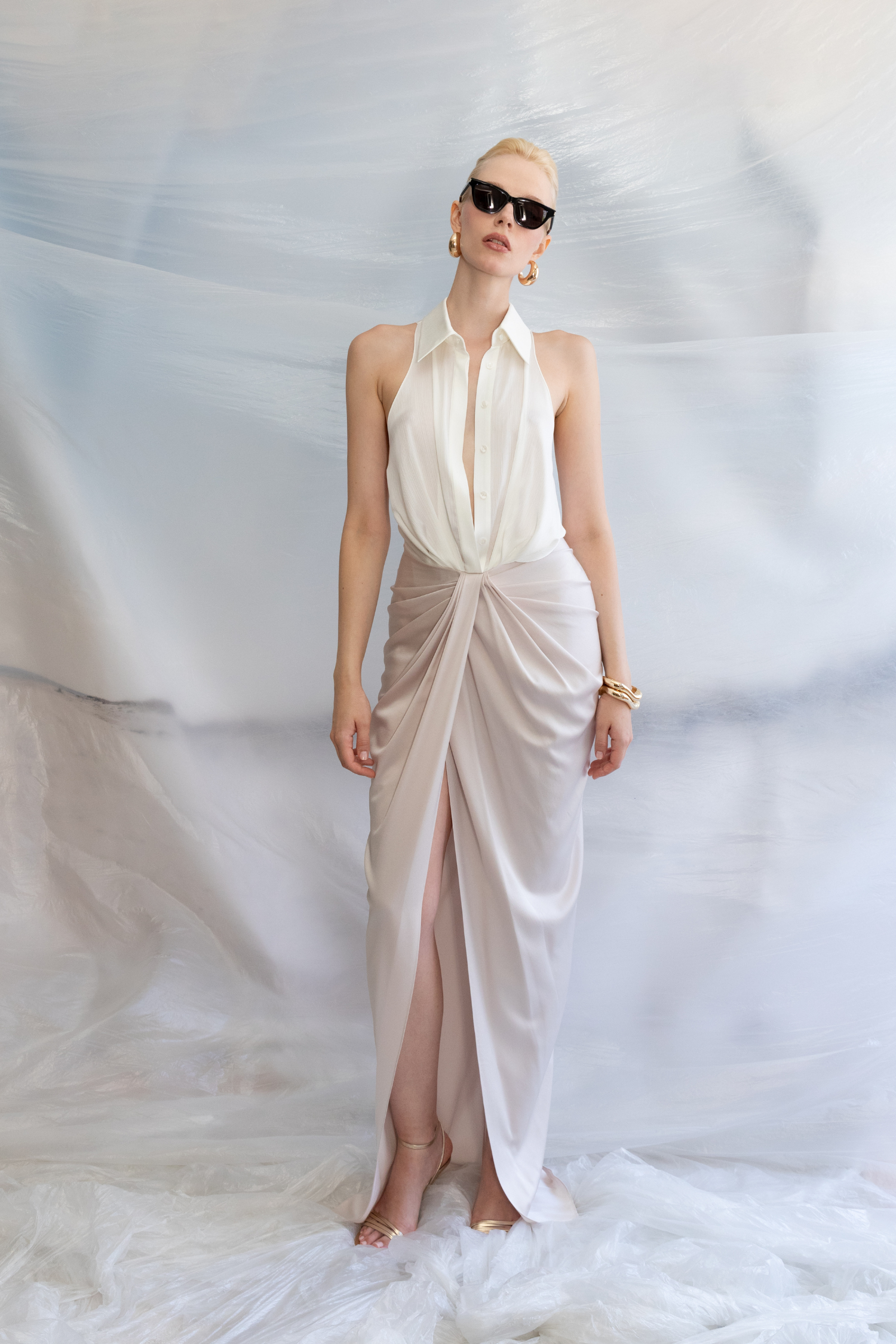 Satin Shirt Dress with Draped Tulip Skirt - Main Image