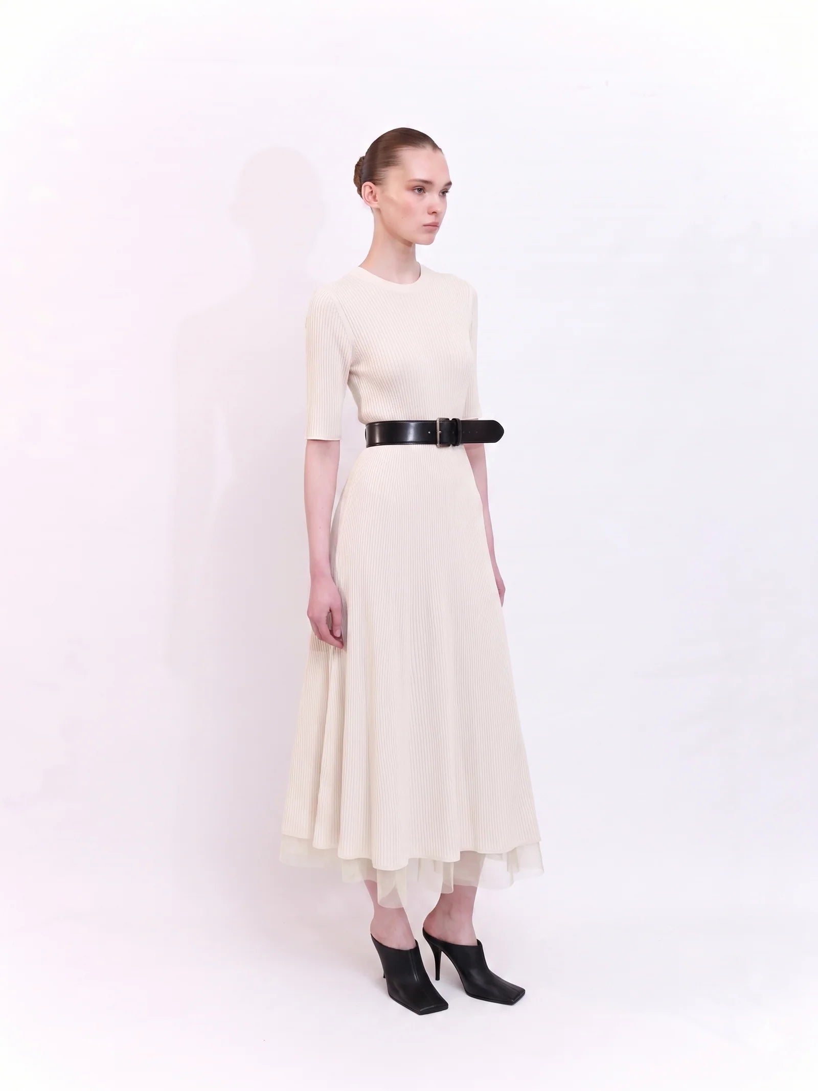 Soft Knit Midi Dress with Short Sleeves in Ecru