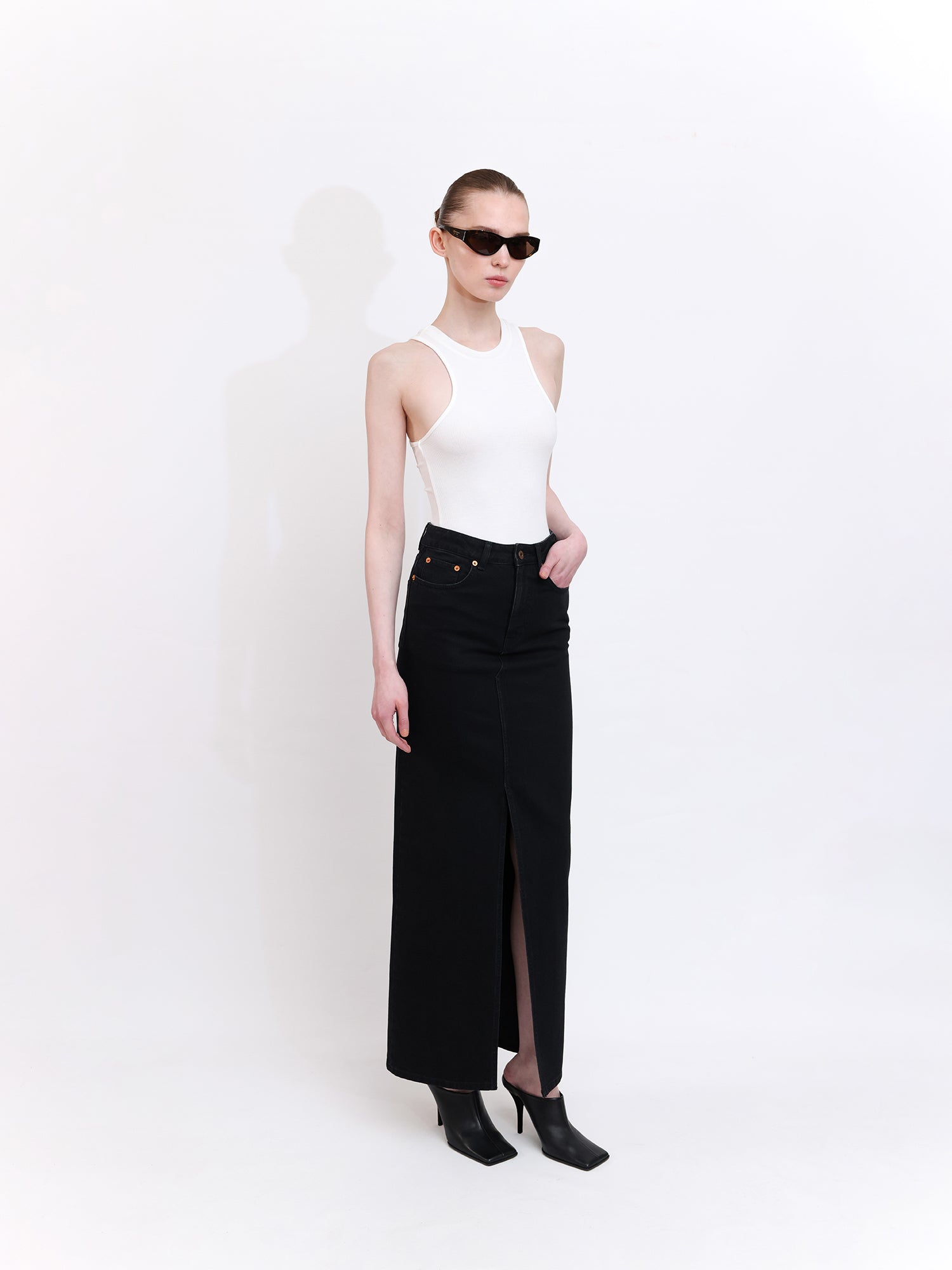 Black Straight-Cut Denim Skirt with Front Slit