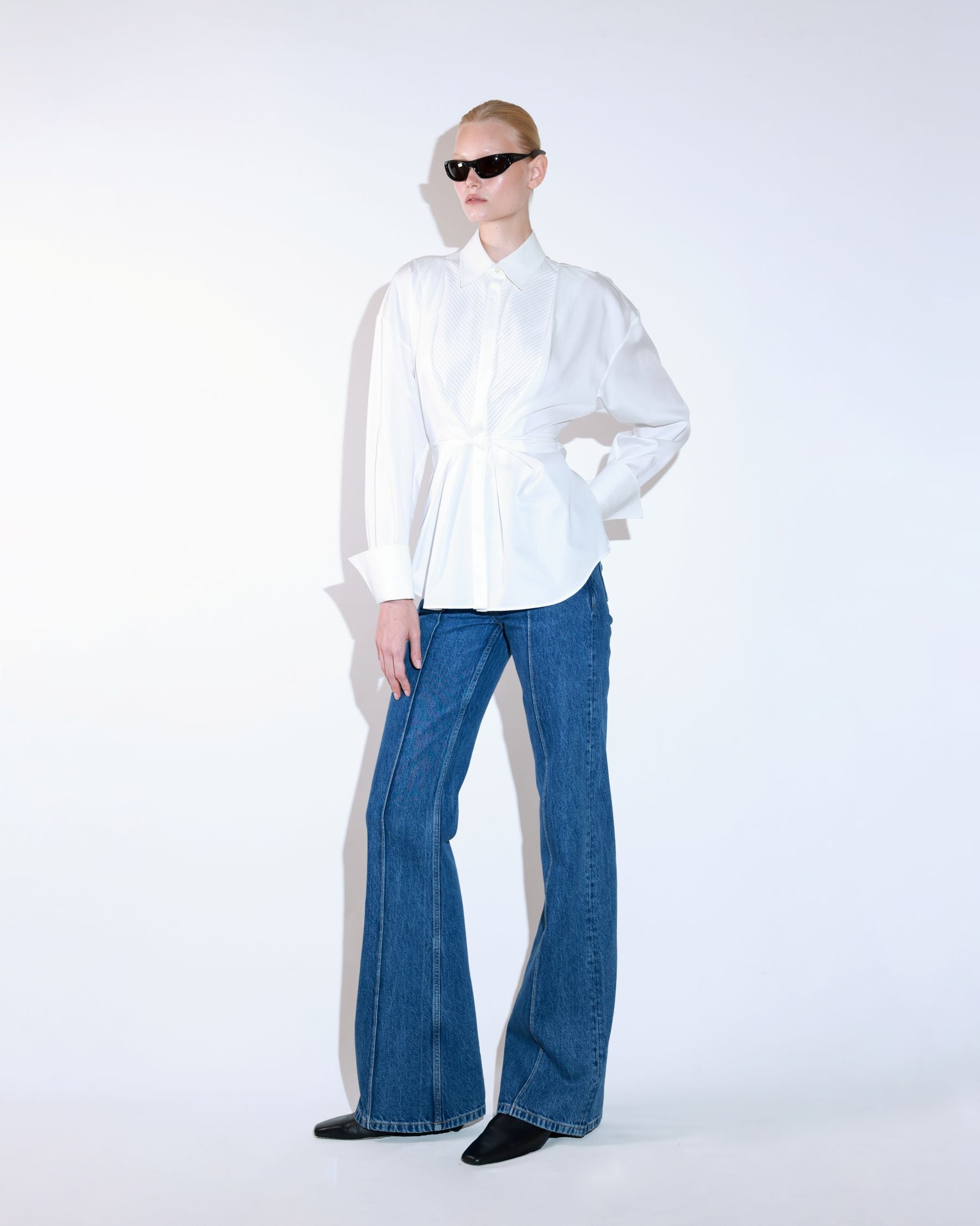 Tailored Fitted Blue Striped Shirt with Waist Detail