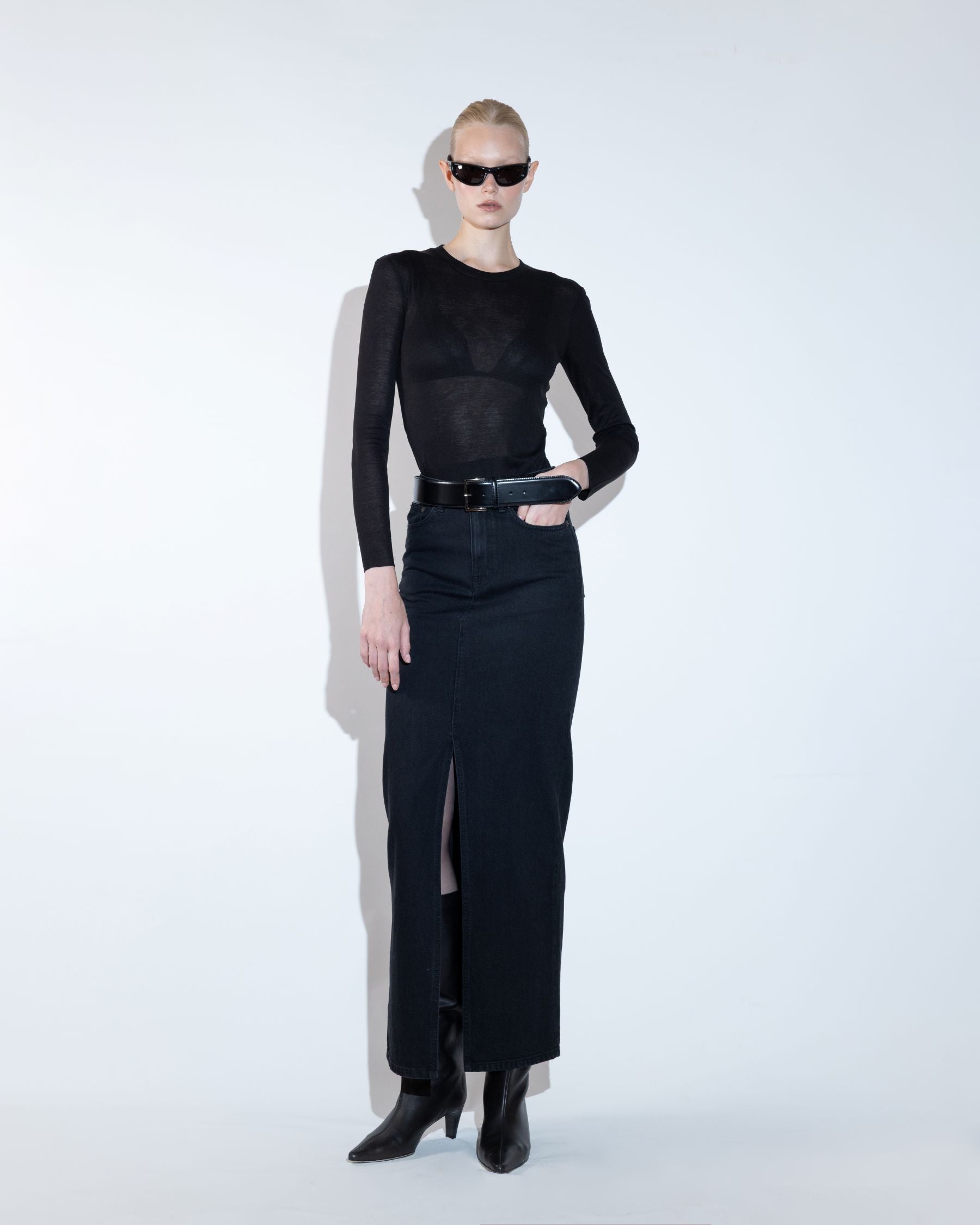 Black Straight-Cut Denim Skirt with Front Slit