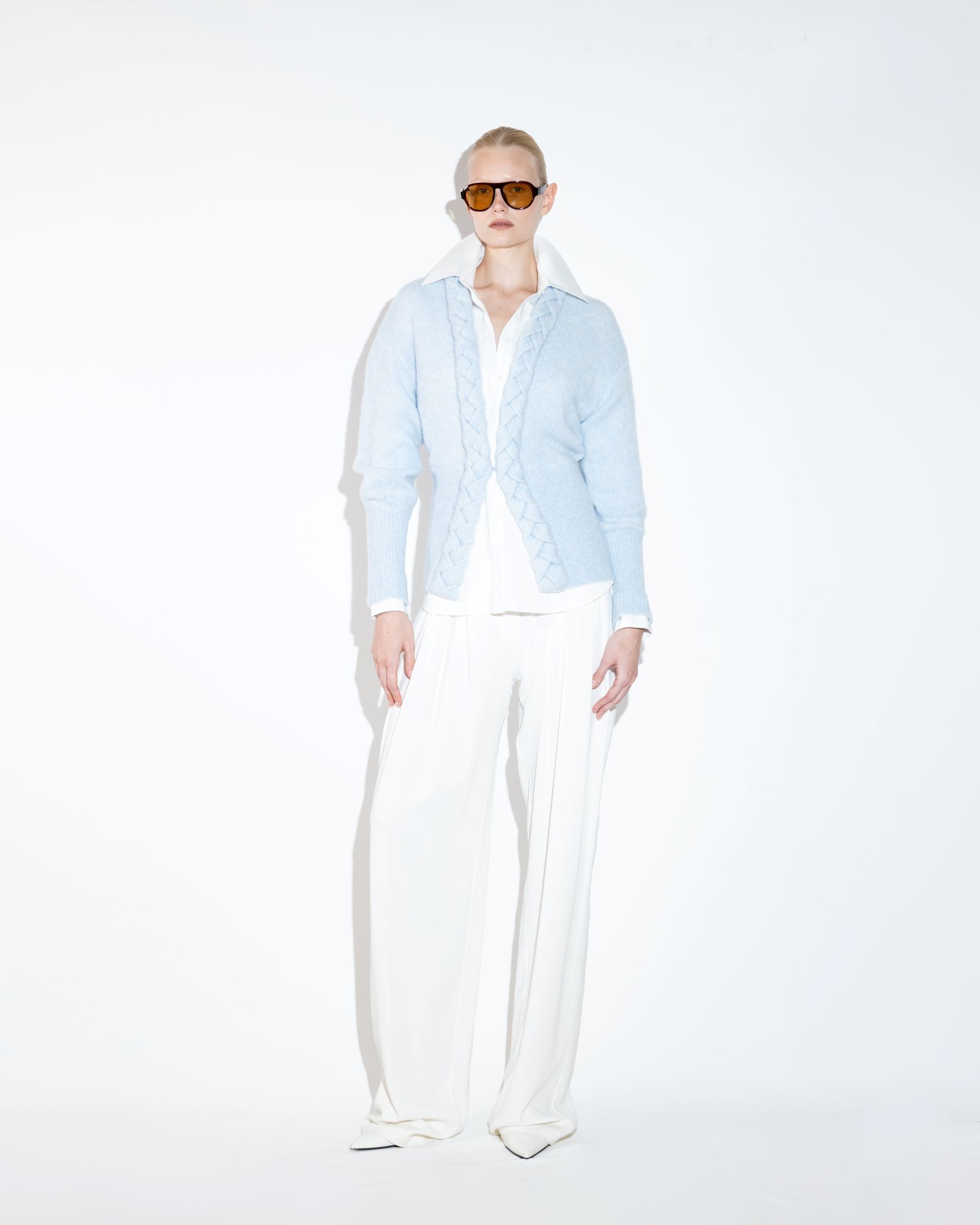 Blue Color Soft Knit Cardigan with Brain Trim