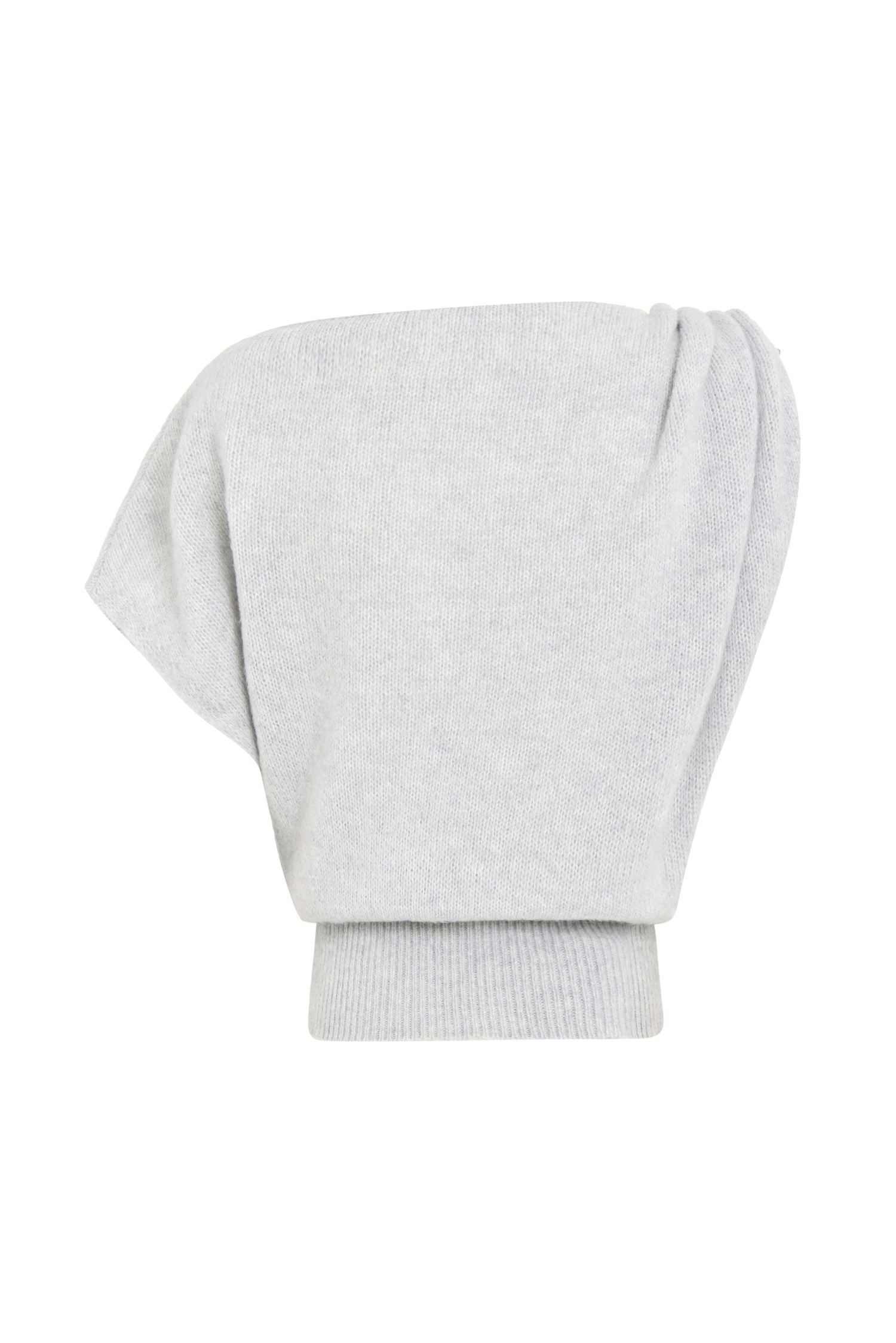 Soft knit asymmetric shoulder top with pearl accessory.