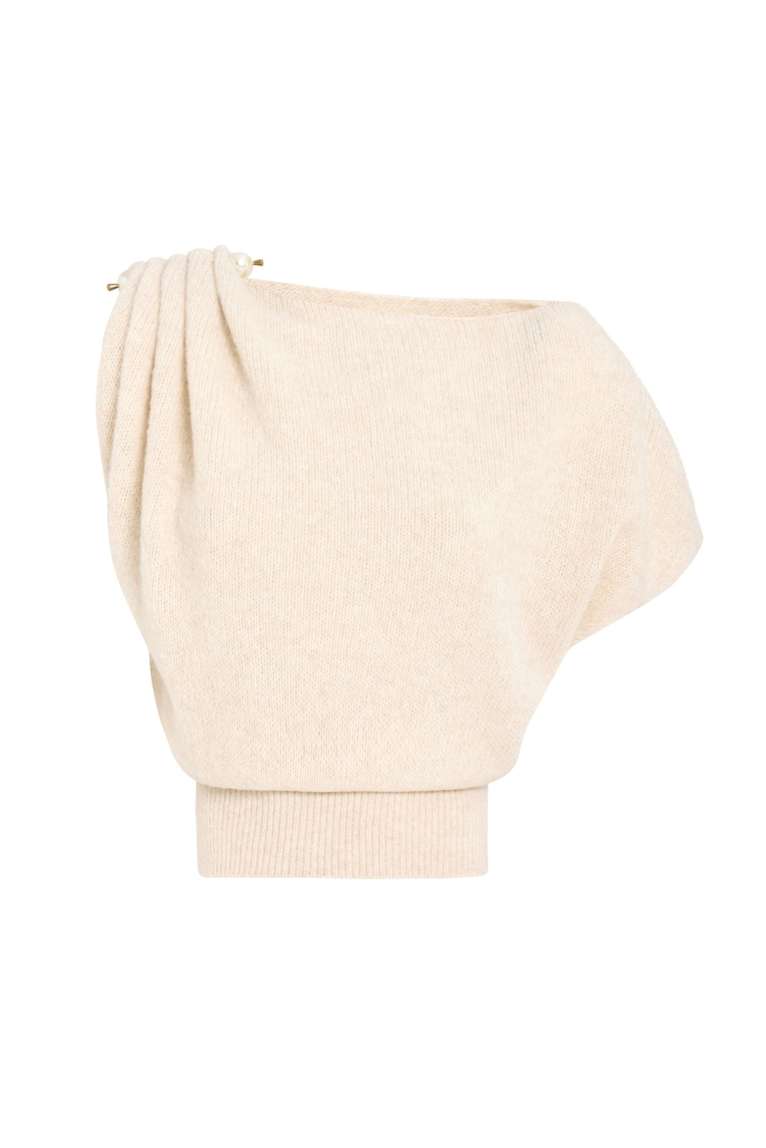 Soft knit asymmetric shoulder top with pearl accessory.