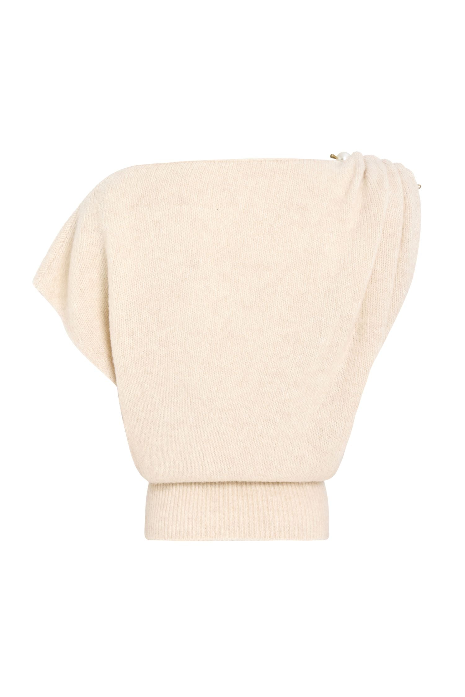 Soft knit asymmetric shoulder top with pearl accessory.