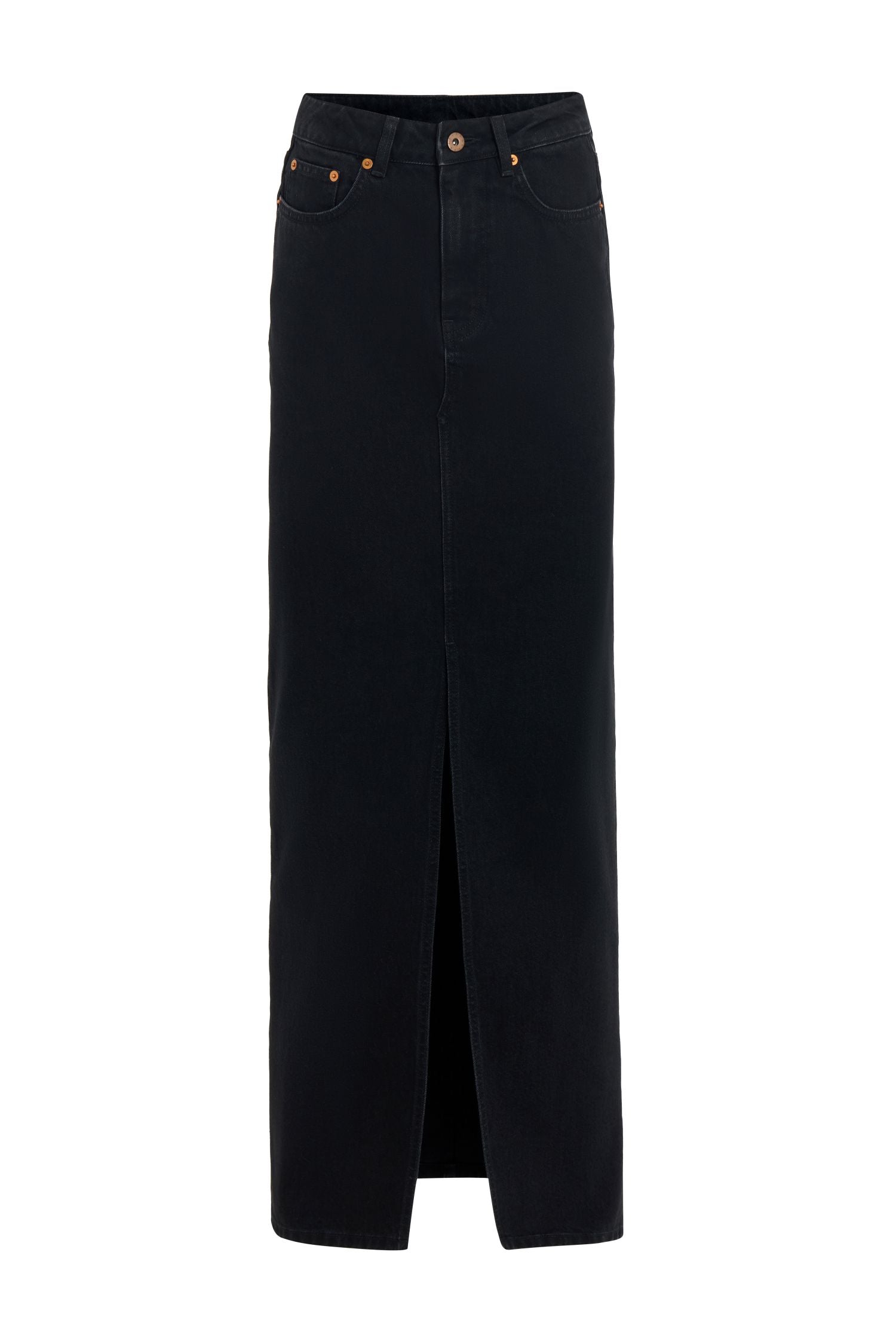 Black Straight-Cut Denim Skirt with Front Slit