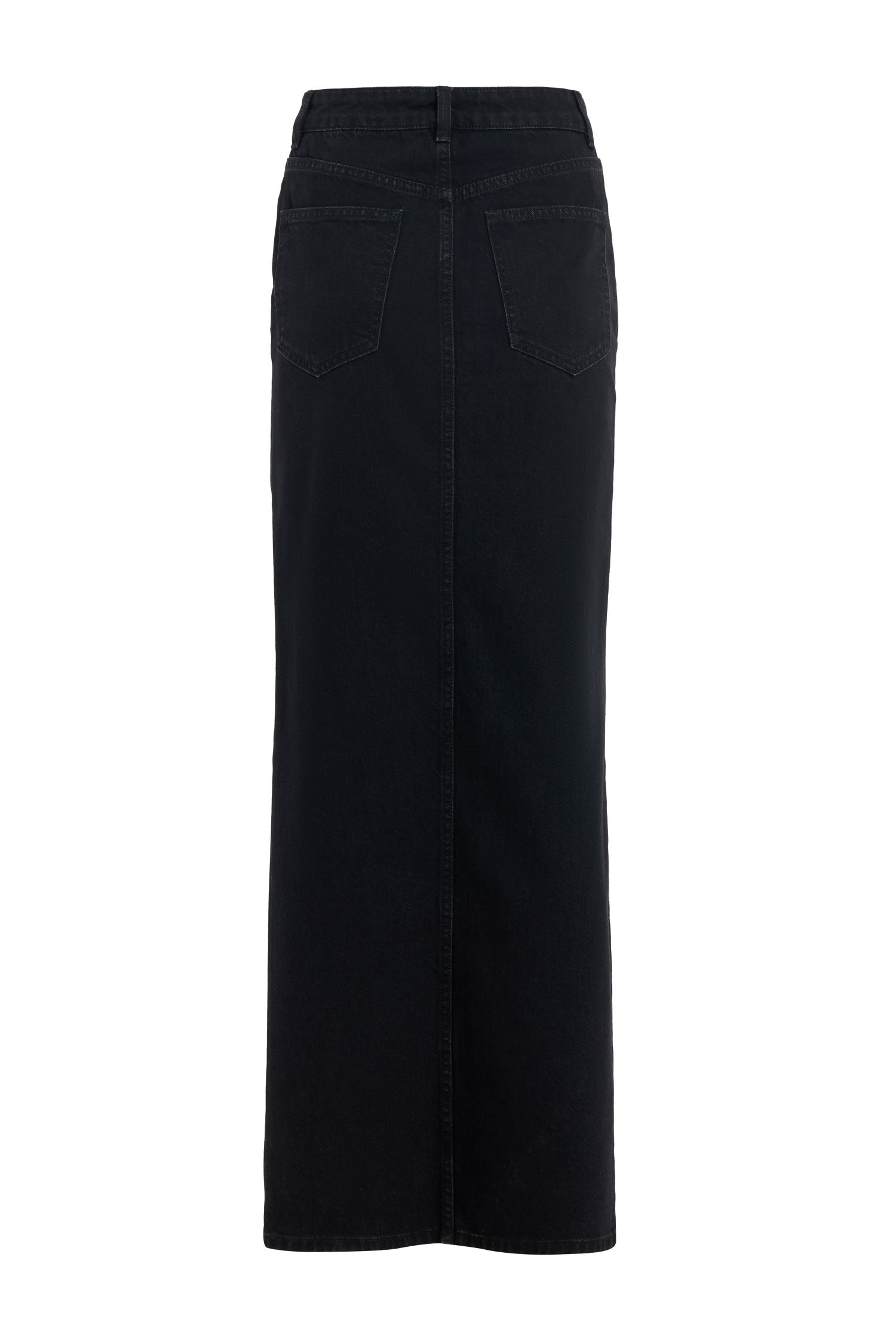 Black Straight-Cut Denim Skirt with Front Slit
