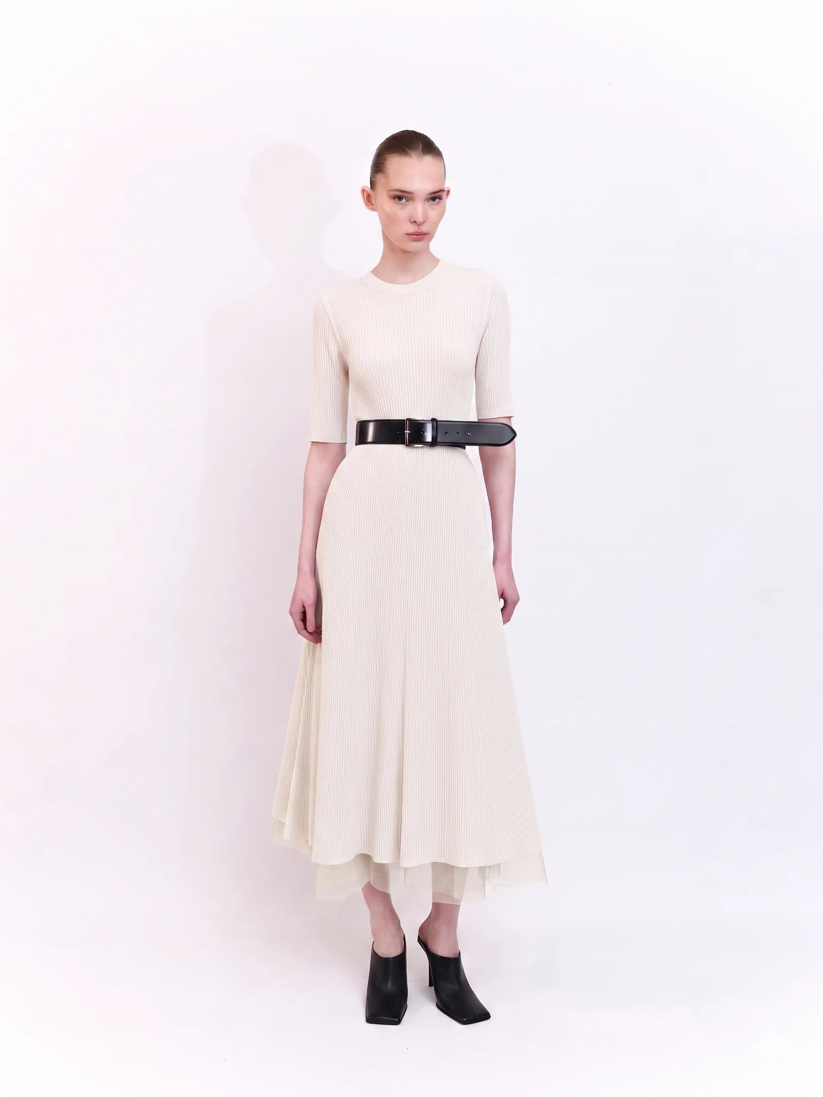 Soft Knit Midi Dress with Short Sleeves in Ecru