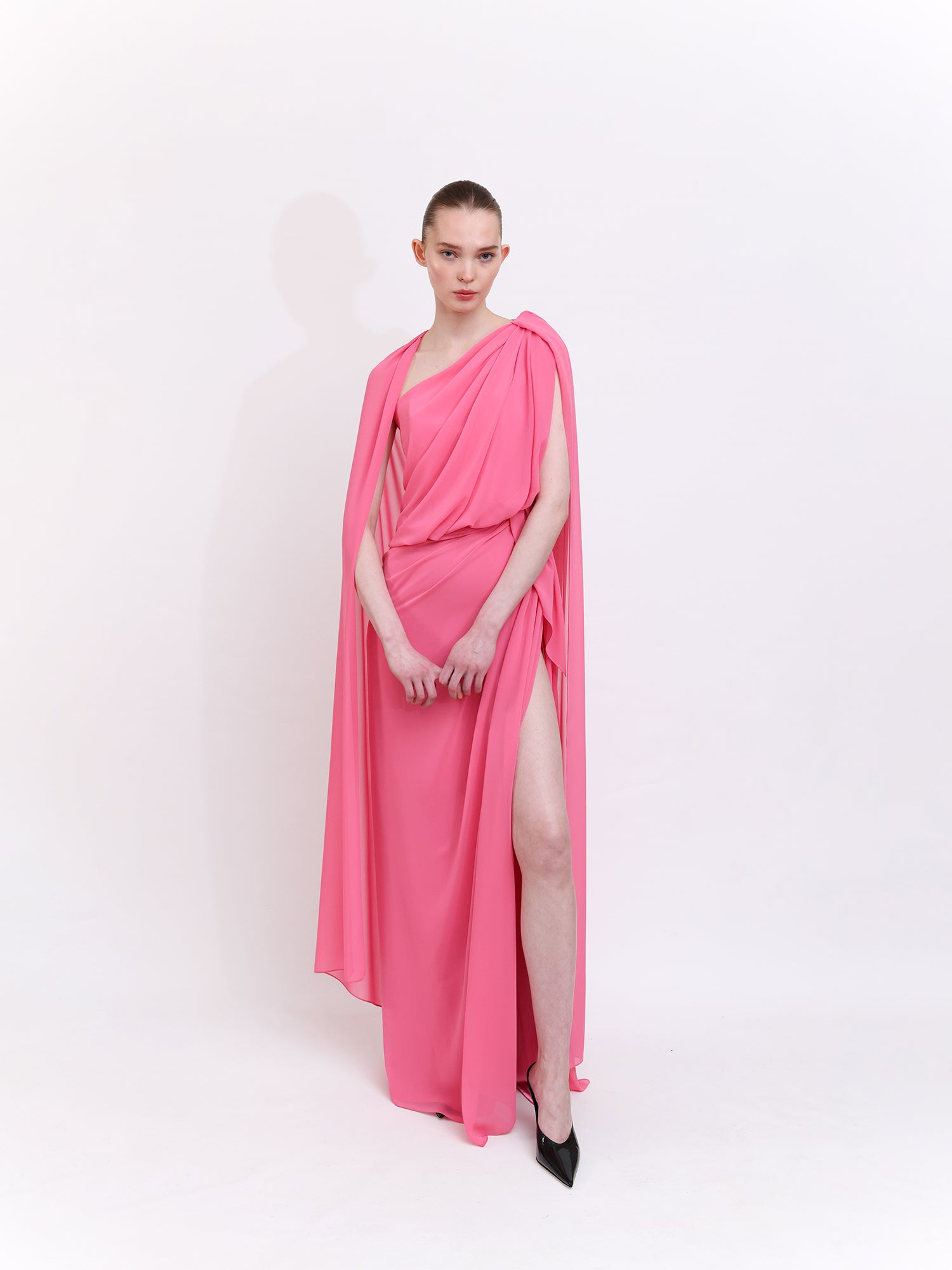 Cape-Detail Crepe Chiffon Dress
