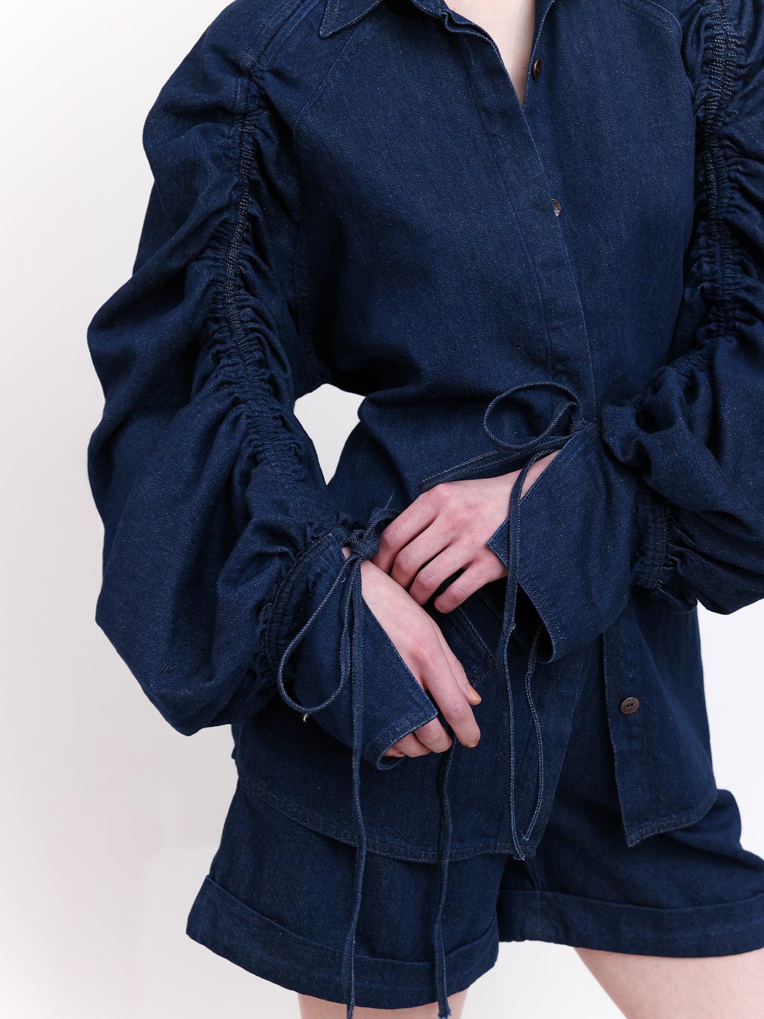 Linen Denim Shirt with Adjustable Drawstring Sleeves