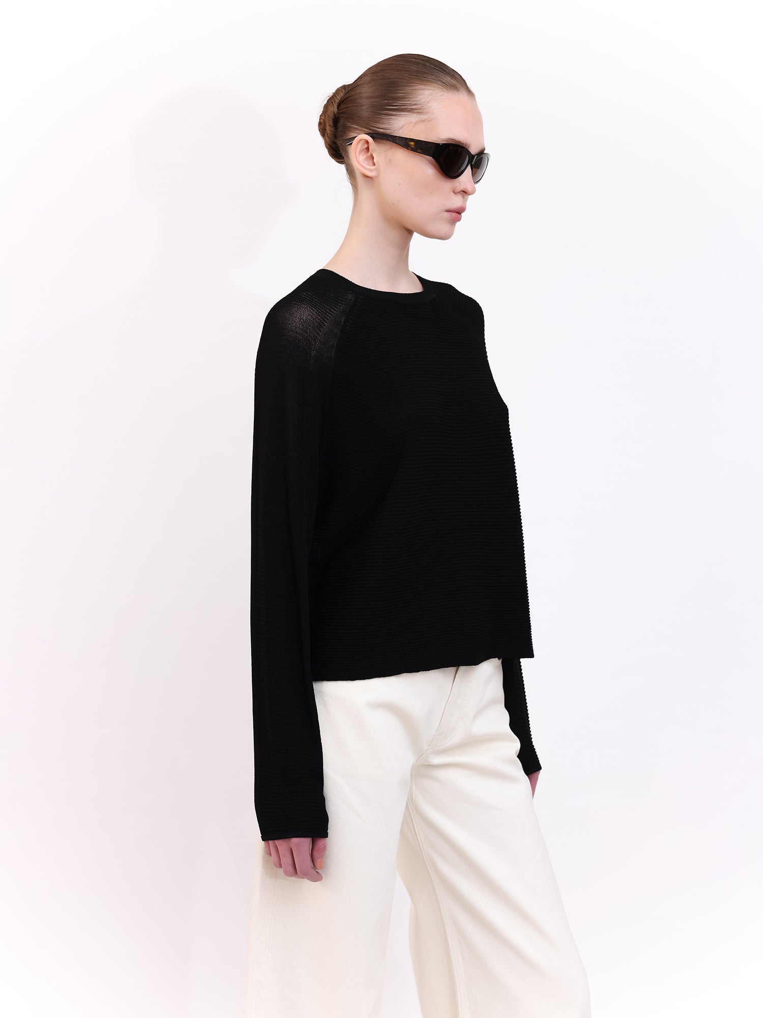 Soft Knit Top with Raglan Cut Sleeve in Black