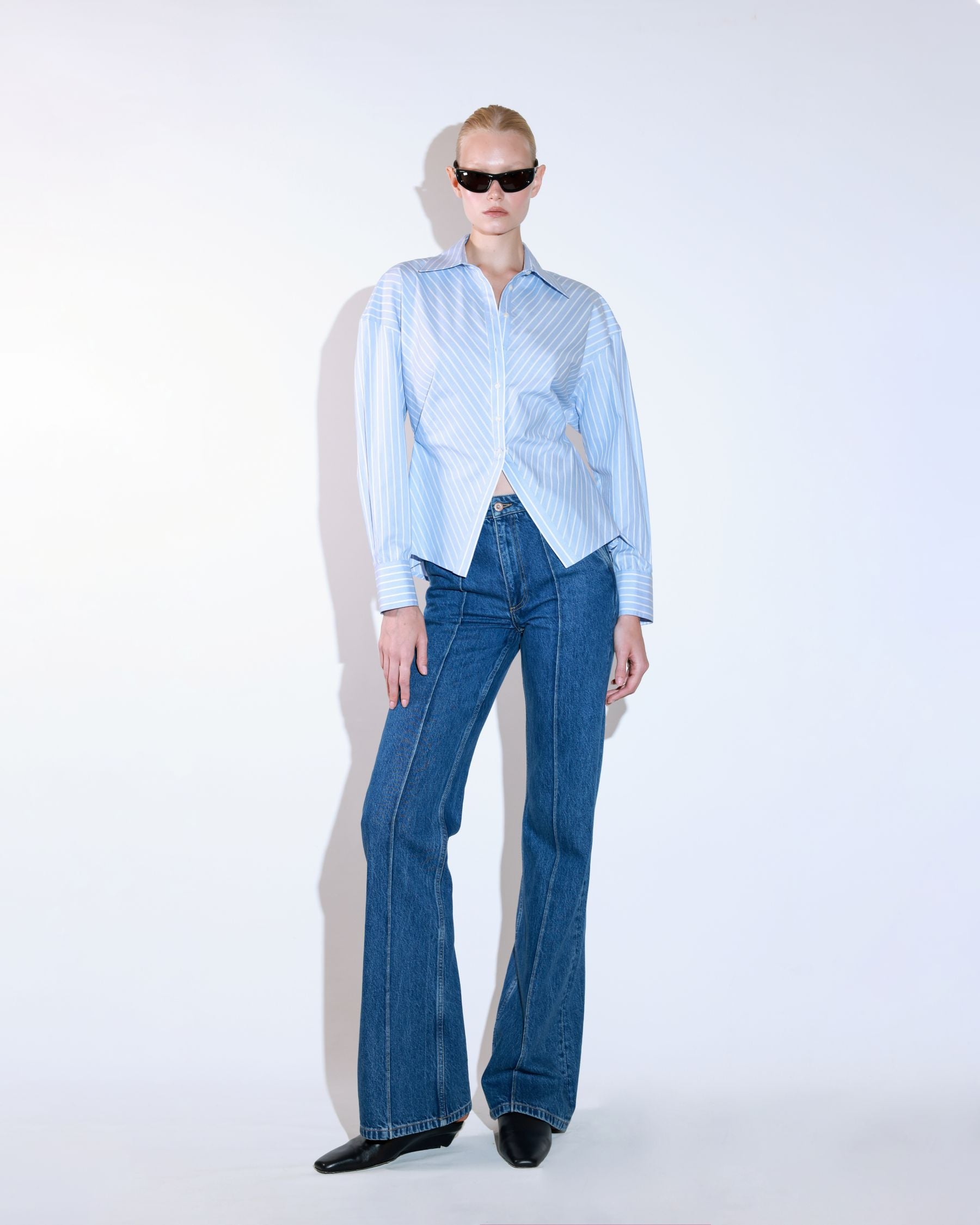 Fitted Blue Striped Shirt with Waist Detail