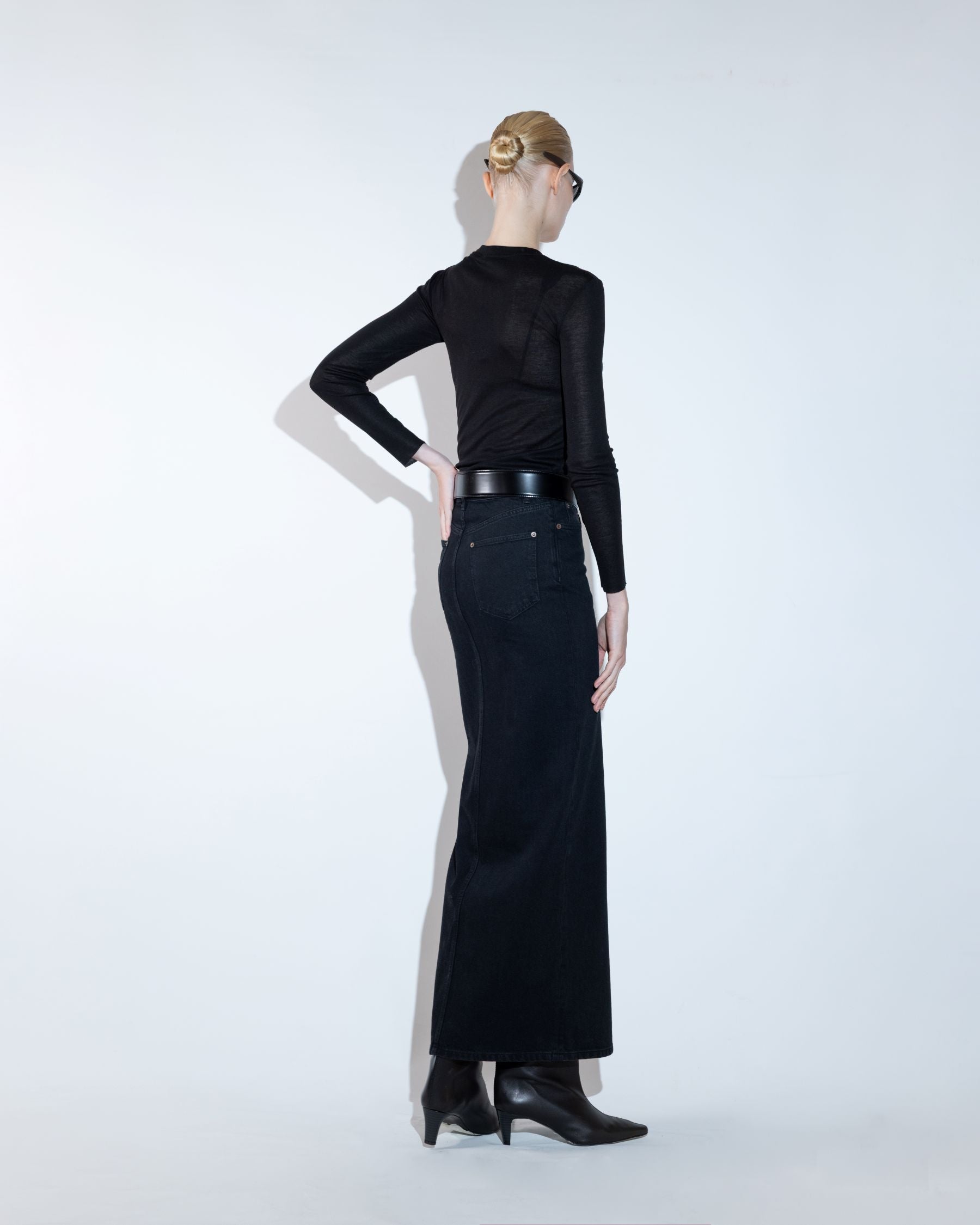 Black Straight-Cut Denim Skirt with Front Slit