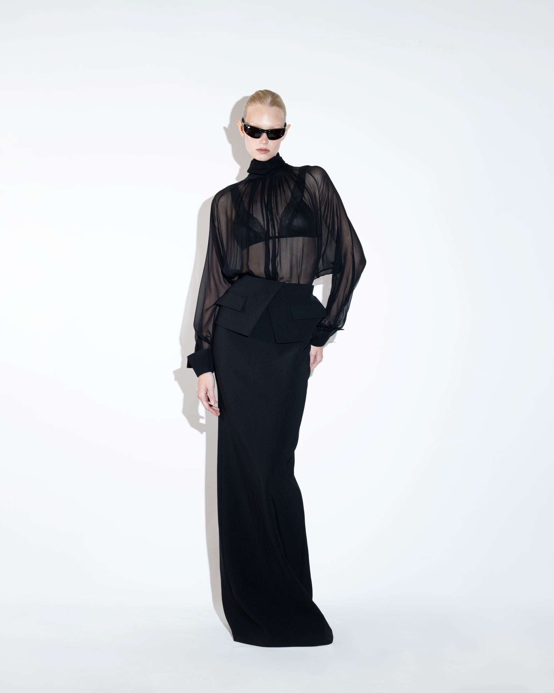 Black Chiffon Shirt with Bow Detail