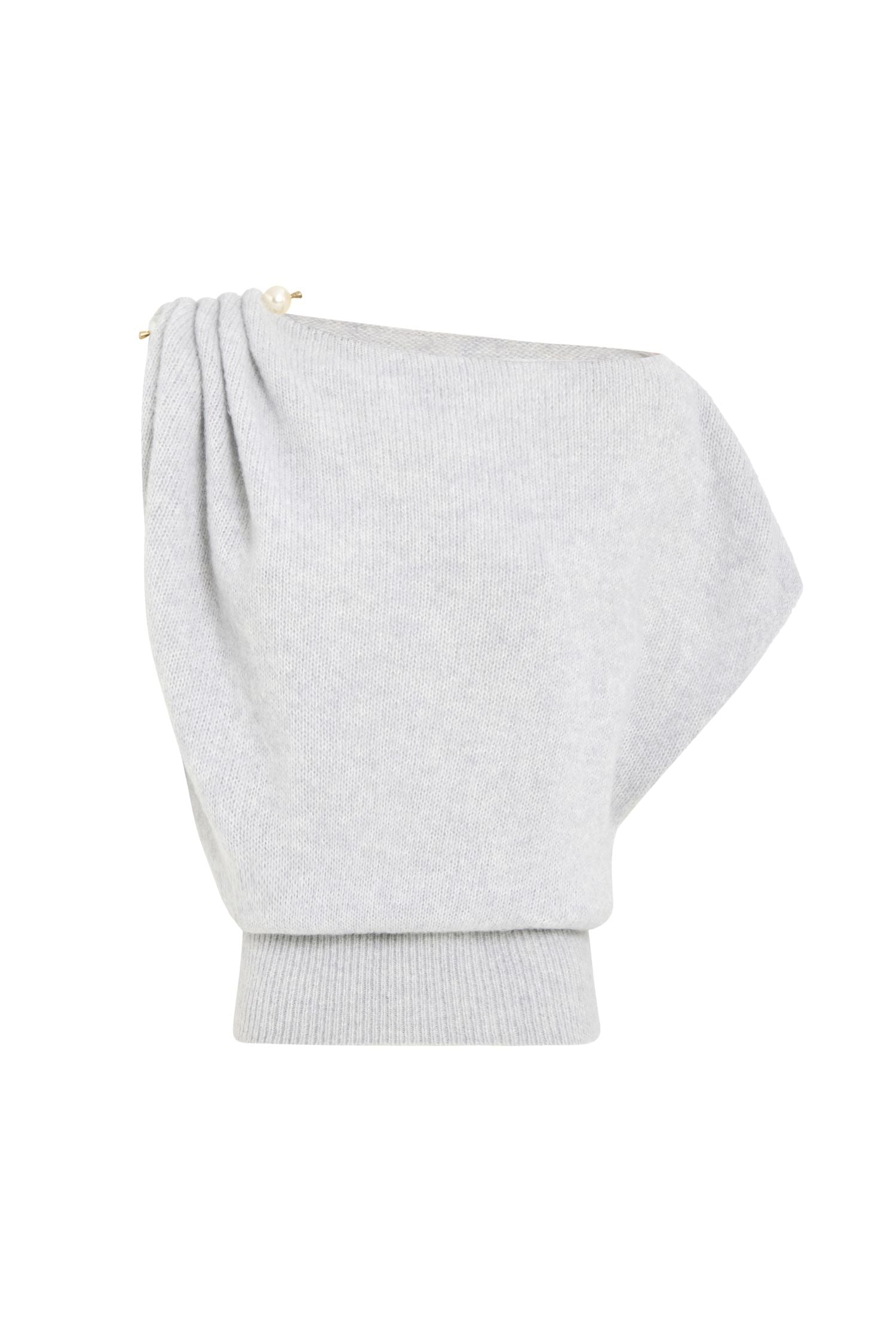 Soft knit asymmetric shoulder top with pearl accessory.